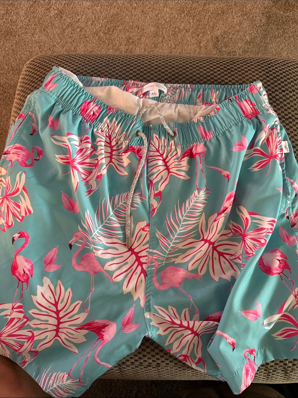 Aqua Flamingo Print Swim Trunks